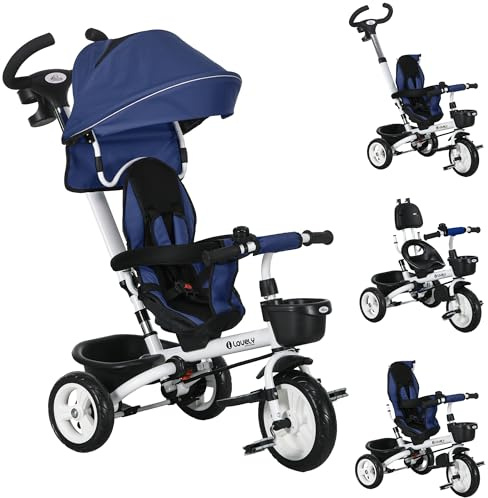 HOMCOM 6 in 1 Baby Trike for 1-5 Years, Toddler Tricycle Folding Bike with Parent Handle, Reversible Seat, Storage Basket, Canopy, 5-point Harness, Dark Blue