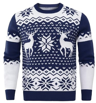 Demegimi Pull Noël Homme Pulls Molletonnés Hiver Noël Homme Col Rond Pull Homme Manches Longues Décontracté Sportif Imprimé Flocon de Neige