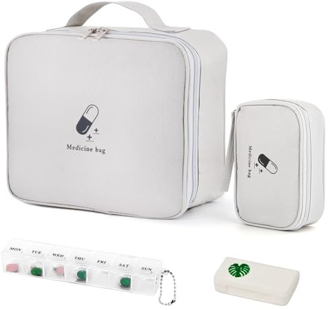 WuGU 2PCS Botiquín de Primeros Auxilios, Mini kit Primeros Auxilios Trae Pastillero con 2 Cajas de Pastillas, Mini Botiquin de Primeros Auxilios Impermeable para Escuela, Viajes, Camping - Blanco Gris