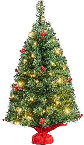 Yaheetech 90cm Mini Künstlicher Weihnachtsbaum mit 50 Warmweiß LEDs, Grün | Kleiner Tischbaum Tannenbaum Christbaum mit 60 Roten Beeren Deko für Weihnachten