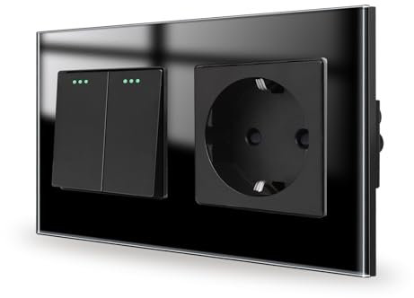 JIMEIDA Interruttore della luce con presa di corrente, colore nero, da incasso, 2 scomparti, 1 via, in vetro, interruttore da parete, interruttore a levetta in cristallo, 157 x 86 mm, 10 amp, 250 V
