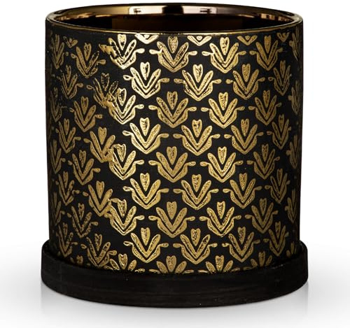 Arborus Blumentopf Schwarz Gold 14cm Blumentopf mit Untersetzer Abflussloch | Übertopf Keramik für Pflanzen Sukkulenten Monstera Zimmerpflanzen Pflanzgefäße mit Stopfen für Modern Wohnzimmer Balkon Deko