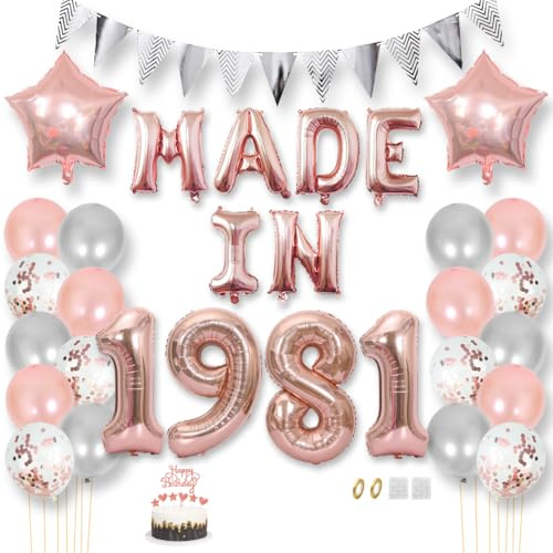 Daimay Happy 44 Birthday Balloon Banner Decorations Rose Gold MADE IN 1981 Aluminum Foil Letters Balloons Latex Confetti Balloons Triangle Flag Party Supplies Cake Topper for Men Women Photo Props