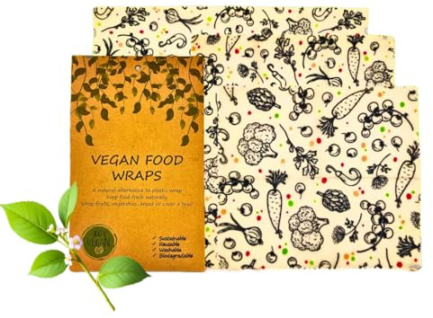VEGANES 3er Set natürlicher Sojawachstücher aus BIO Baumwolle – plastikfrei, nachhaltig und umweltfreundlich für die Lebensmittelverpackung, 3 Blätter, 18x20 cm, 25x28 cm und 33x36cm