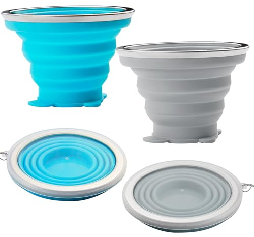 Kasoud Lot de 2 tasses pliables en silicone pour voyage, tasse à café pliable avec couvercle pour pique-nique, camping, randonnée, voyage (bleu et gris)