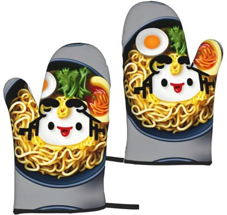 Manoplas Qven de alto calor con estampado de fideos y ramen, guantes de barbacoa impermeables antideslizantes de 5.9 x 11 pulgadas para hornear en la cocina