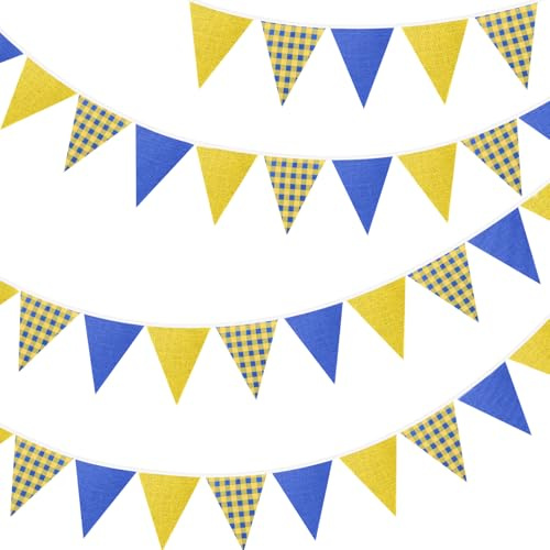 G2PLUS Blau Gelb Wimpelkette mit Karomuster: 10m Jute Stoff Girlande | 36 Stück Wimpeln Girlanden, Party Deko Girlande Outdoor für Kinder Geburtstag, Sommerparty, Gartenparty, Abschlussfeier