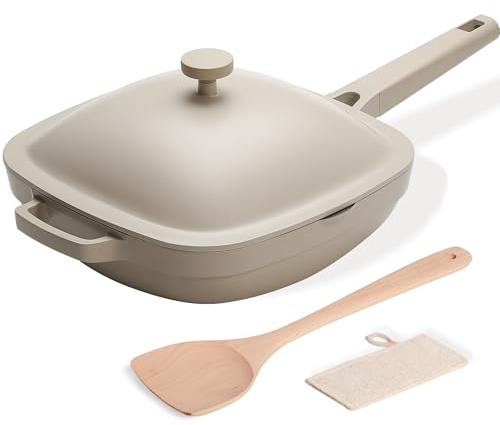 USELUCK 10.5 Inch(3.8QT) Ceramic Pan with Lid,Non Stick Frying Pans Cast Aluminum Deep Sauté Pans,Ti-Ceramic Non Toxic Pix Pan with Wooden Spatula and Scrubber-Morning Mist