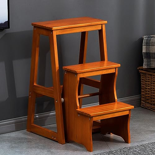 Klappbarer Hocker aus Massivholz, 3 Stufen, tragbare Holzleiter und Aufbewahrungsregal für Zuhause und Büro, Honigfarben, multifunktional, langlebig und stilvolles Design