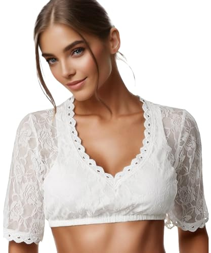 ZCJ Dirndl Camicetta da Donna in Pizzo Bianco con Scollo a V - Blusa Tradizionale Bavarese per Costume Oktoberfest, Maniche Corte Autentico ed Elegante S