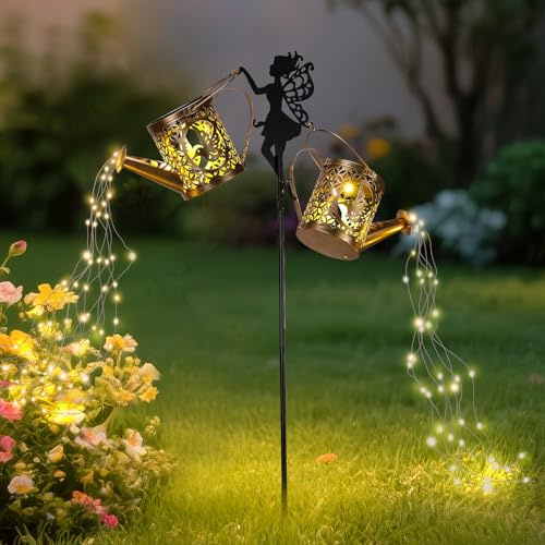 ZKLiLi Luces solares de regadera para exteriores, IP65, impermeable, decoración de jardín de metal con un poste y dos luces, decoración colgante para patio, césped, camino, regalo para patio, césped