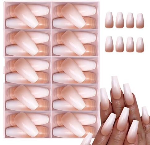 Auriselle 120 pezzi 12 misure Set di unghie finte da incollare Gradual White Nude a forma bara artificiali incollare Aspetto naturale Lunga durata Matrimoni Feste Vita quotidiana Unghie artificiali