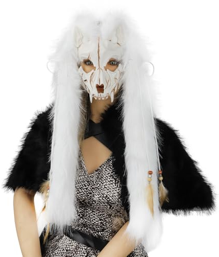 OhMill Masque de Loup-Garou Horreur pour Halloween Masque Crâne de Renard Viking avec Coiffe en Fausse fourrure Masques Squelette d'Animaux pour Cosplay Halloween Carnaval Pâques