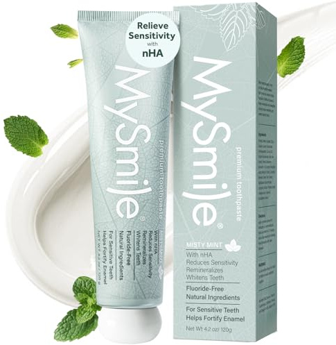 MySmile Fluoride Free Toothpaste, Nano Hydroxyapatite Toothpaste for Sensitive Teeth, Strengthens Enamel, Remineralizes & Whitens Teeth, Freshens Breath for Adults, SLS Free, Natural Misty Mint, 120ml