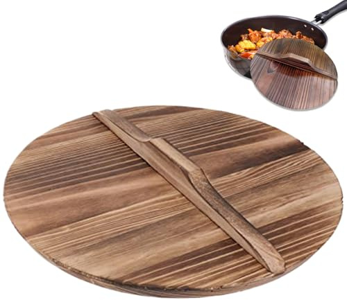 Wok Lid, 12 inch Natural Wooden Wok Cover, Anti-scalding Pot Lid, Replacement Round Pot Cover with Handle for Kitchen Camping Picnic