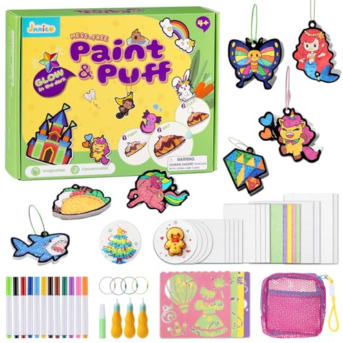 JMMICO 81 PCS 3D Art Paint & Puff Set, Mess-Free Crafts for Kids Ages 4-8-12, Glow-in-The-drak Aqua Puffs, Creative Gifts for Girls, No Mess Arts and Crafts for Kids 4 5 6 7 8 9 10 Year Old