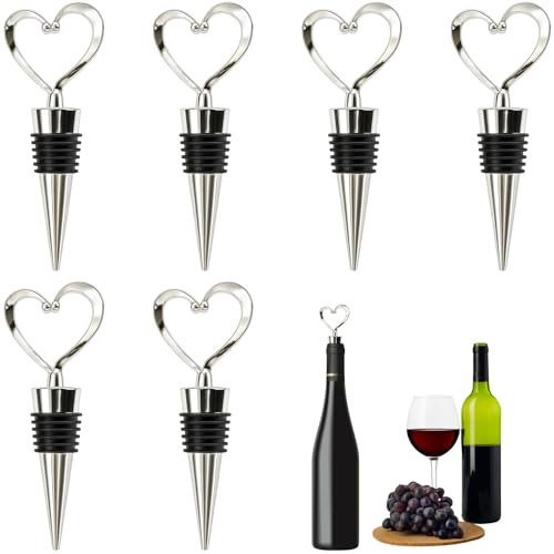 6 Reusable Champagne Stoppers, Heart-Shaped Silver Bottle Stoppers for Prosecco, Securely Seal Sparkling Bottles, 11x4.5x2cm