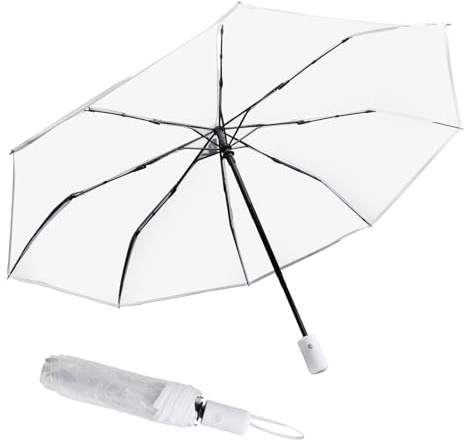 ZRUEWOT Regenschirm Transparent Automatik - Kompakter Weißer Taschenschirm für Hochzeit & Alltag - Durchsichtiger Winddichter Faltbarer Schirm für Damen Herren Reisen Fotografie