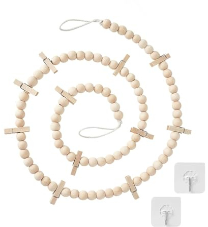 Kids Art Display Garland with 11 Clips - 59 Inch Wood Photo String for Wall, Wooden Bead Clothesline for Rotating Kids Artwork, Photos, Cards | Natural Nursery, Playroom Decor