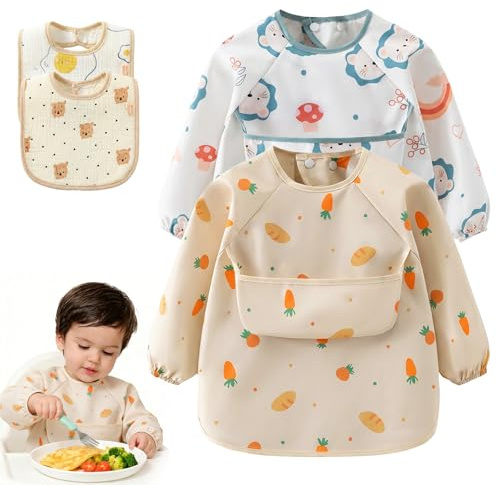Qibivfo set med 4 baby-haklappar, 2 haklappar med ärmar och 2 justerbara halsdukar, vattentäta, snabbtorkande, maskintvättbar, för pojkar och flickor 6–24 månader, mat, lek och målning