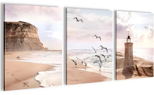 Novart Wandbilder Set Strand und Meer - KOMPLETT AUFHÄNGFERTIG - Wohnzimmer Schlafzimmer Büro Deko - 3 Moderne Bilder Küste - N040235a
