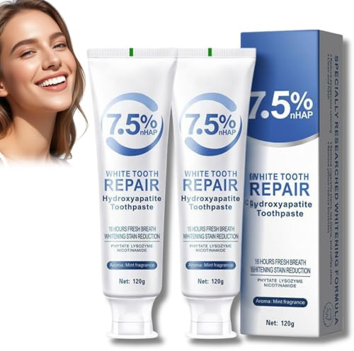 Hydroxylapatit Zahnpasta, ohne Fluorid für Zahnaufhellung & Zahnschmelzreparatur – Sanfte Zahnpolierpaste gegen Empfindlichkeit für weisse Zähne, Frischer Atem, Hydroxyapatite Toothpaste, 2er Pack