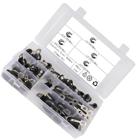IWOWHERO Lot de 50 Colliers de Serrage en Acier Inoxydable 304 Rembourrage en Caoutchouc 5 Tailles Assorties Clips de Câble Résistants pour Fixation Tuyaux Câbles et Tubes Usage