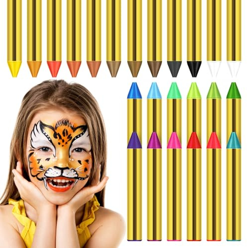 Healeved Face Painting Crayons 24 Colors Oil-Based Non-Toxic Face Paint Sticks with Stencils for Cosplay and Halloween Body Makeup Kit