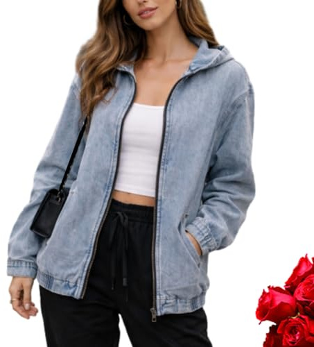 GAGFDA Chaqueta vaquera con cremallera para mujer con capucha, chaquetas de mezclilla sueltas para mujer, primavera y otoño, casual, manga larga, cremallera completa, sudadera con capucha de gran