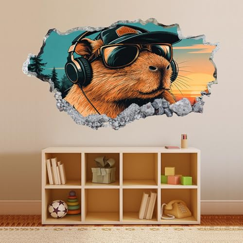 Wall Decal 3D Capybara Headphones Wall Stickers Smashed Art Waterproof Sunset View Vinyl Wall Tattoo for Kids Bedroom Living Room Playroom Baby Nursery Home Decor 50x75cm