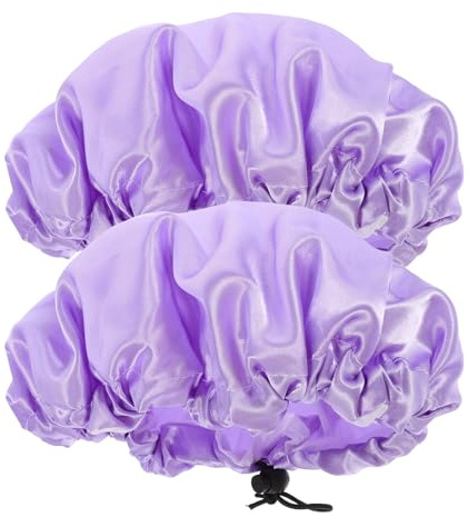 HANABASS Adjustable Waterproof Shower Cap for Women, Satin Hair Cap for Long and Short Hair, Reusable 2pcs Set in Lavender Purple, Bathing and Sauna Use