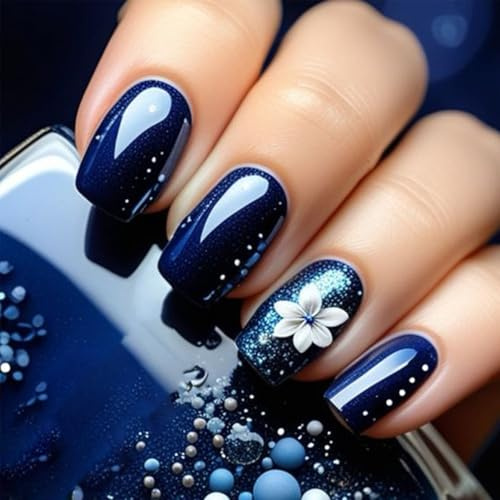 Bukecagif 24 Stück Press On Nails Kurz, Blau Mit Blumen Design, Langlebig, Einfach Zu Verwenden, Umweltfreundlich, Für Neueinsteiger, Mit Jelly Gel Und Feilenblock