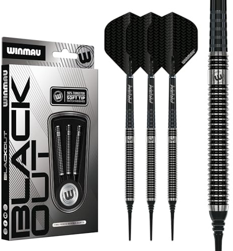 WINMAU Blackout Series 16g Soft Tip Dartpfeile – 90% Tungsten Darts – Profi Dartpfeile Metallspitze mit Flights & Shafts, Präzise Turnier Dart Pfeile für Training und Wettbewerb