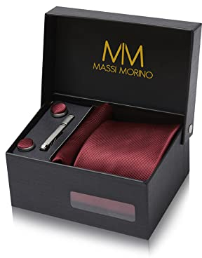 Massi Morino Krawatte Weinrot mit Einstecktuch Set Herren inkl. Manschettenknöpfe, Krawattennadel und Geschenkbox - Männer Krawattenset