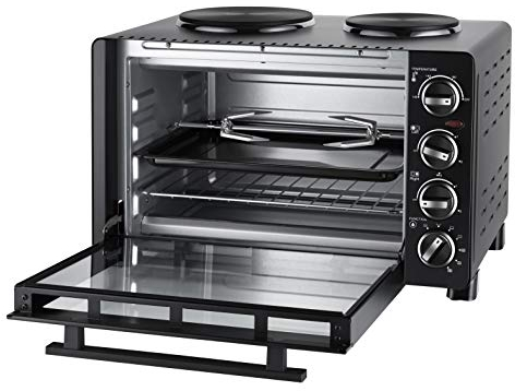 Unold 68885 All in One - Minihorno (30 L, 600 – 1000 W, regulaciones de temperatura flexibles, puerta de doble acristalamiento, carcasa exterior aislada por calor, pincho giratorio integrado)