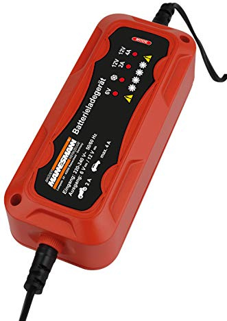 Brüder Mannesmann Kfz-Batterieladegerät, 6 V/12 V, 4 A, intelligentes Automatikladegerät, mehrstufiges Laden, Erhaltungsladung, LED-Anzeige, für Auto und Motorrad, 1 Stück | M12711