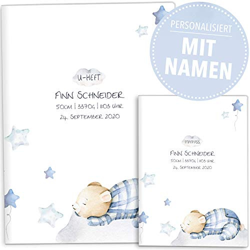 OLGS U-Heft und Impfpasshülle Set | Sleepy Mond und Sterne | Hüllen für Untersuchungsheft & Impfpass | personalisiertes Babygeschenk zur Geburt des Kindes (Uheft, Impfpass Hüllen personalisiert, Bär)
