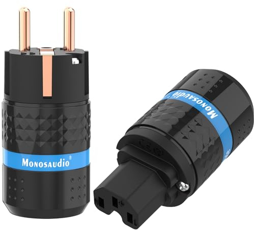 Monosaudio Paar HiFi Schukostecker & IEC C15 Anschluss High-End Kaltgeräte-Stecker Buchse Steckdose 16A 250V Audiophiler Netzstecker Kupplung Reines Kupfer E102/F102