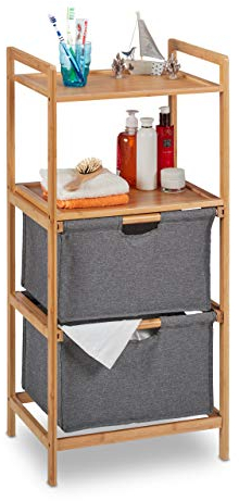 Relaxdays Estantería Baño con Cestas Ropa Sucia, 2 Baldas y 2 Cajas de Tela, Mueble Bambú, 96x44x34 cm, Natural y Gris