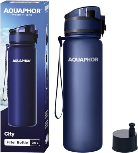 AQUAPHOR City Bottle 500ml Navy | Travel Water Bottle with Activated Carbon Filter | Filters Chlorine & Impurities | Made of Tritan & BPA-Free | Stay Hydrated On the Go!