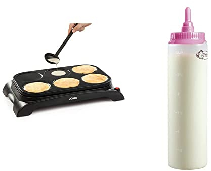 Familien Crepes-Maschine DOMO DO8709P & Bestron Teigportionierer mit Skala, Teigdosierer für 700 ml, für Crepes, Poffertjes, Pfannkuchen, Waffeln, Muffins oder Donutteig, Farbe: Weiß