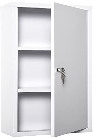 kleankin Armario Botiquín de Pared Botiquín de Emergencia de Metal con 3 Estantes de Almacenaje y Cerradura con 2 Llaves para Baño Cocina 40x18x60 cm Blanco