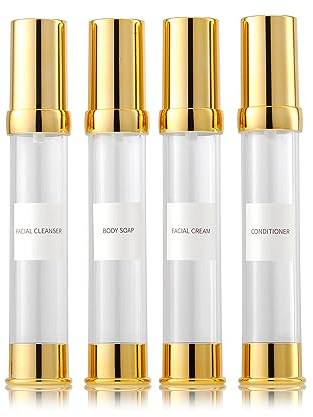 XQNCBY Gyllene luftlös pumpflaska reseset med låda påfyllningsbar kosmetisk vakuumpumpflaska som handtvål, toner, foundation, hårolja, lotion och kräm, GYLLENE, 30 ML, ledig
