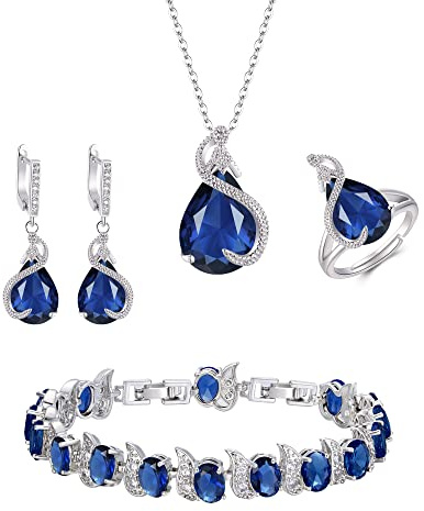 EVER FAITH 4 Stück Tropfen Cubic Zirconia Schmuck Set Glamour Anhänger Halskette Ohrringe Tennis Armband und Offener Ring für Damen Hochzeit Party