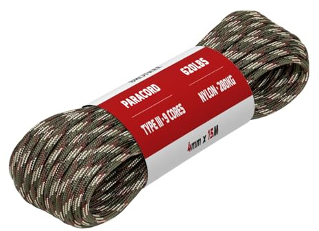 Brotree Paracord 4mm 15M 100% Nylonrep 9 Trådar Sladd Typ III Nylonsnöre för Utomhus, Camping, Hundkoppel, DIY, Armband - 280kg Brottlast (Skogskamouflage)