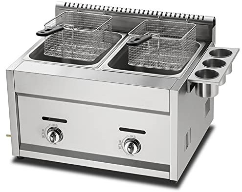 CHEMYO Friteuse à gaz de Grande capacité, friteuse GPL en Acier Inoxydable à Double Panier 22L, Double réservoir, Puissance de feu réglable sur Pied, Amovible et Lavable, pour Restaurant de cuisin