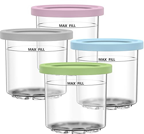GoMaihe Juego de 4 Vasos para Ninja Creami – Accesorios Compatibles con NC301, NC300, NC299AMZ – Recipientes BPA-Free, Aptos para Lavavajillas, Antigoteo – Rosa, Verde, Gris y Azul