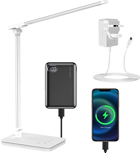Desk Lamp Eye-Caring LED Table Lamp Dimmable Bedside Lamp with 2 USB Charging Ports and 10 Brightness Levels x 5 Colour Modes Touch Control Daylight Lamp for Office, Bedside, Reading- Auto Timer