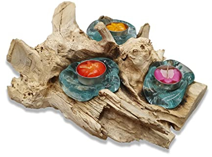 Photophore en verre fondu sur bois de racine | Bougeoir individuel avec 1 à 3 lumières (3 bougies chauffe-plat)