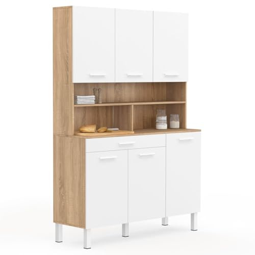 IDMarket - Buffet de cocina 120 cm CINA 6 puertas + cajón en imitación de madera de haya y blanco